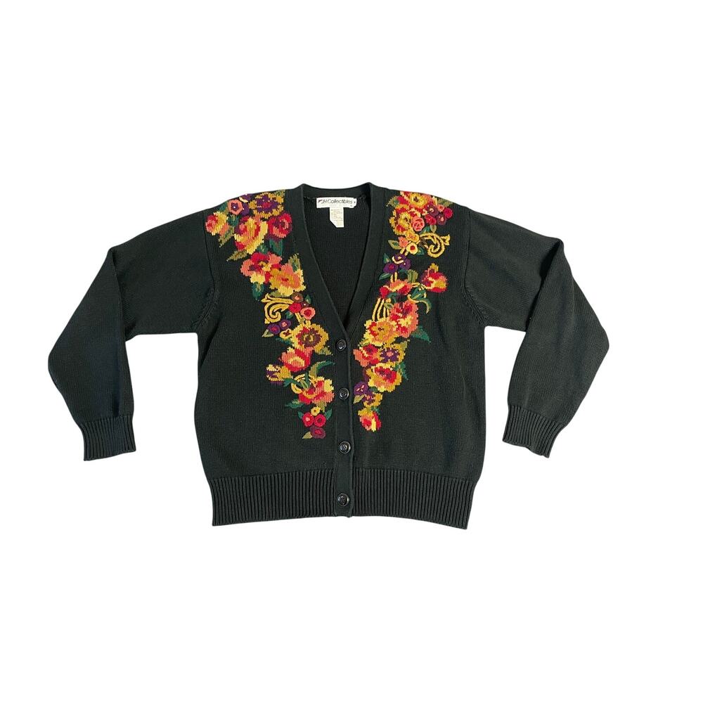 JH Collectibles 90s Vintage Black & Floral Knit Cardigan Sweater‎ Size Medium